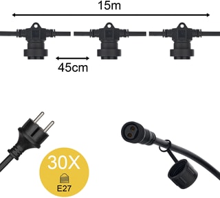 Bailey - Feestverlichting Prikkabel 15M Zwart E27