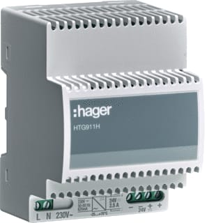 Hager - Gelijkstroomvoedingseenheid Voeding 24 Vdc 2,5 A 70 C