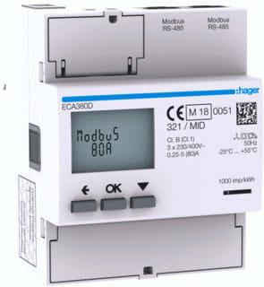 Hager - Elektriciteitsmeter 3F 80A 4-Mod Rj45