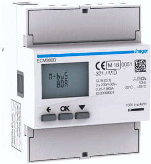 Hager - Elektriciteitsmeter 3F 80A 4-Mod Mbus