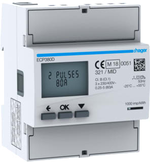 Hager - Elektriciteitsmeter Kwh Meter 3F 80A 4Mod